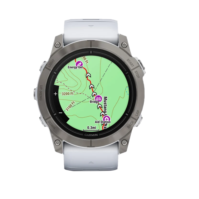 Garmin Epix Pro Gen 2 51mm Sapphire Edition Titanium smartwatch with Whitestone band, map view on display