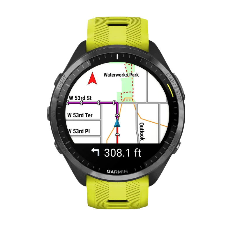 Garmin Forerunner 965 smartwatch with carbon gray DLC titanium bezel, black case and Amp Yellow/Black silicone band