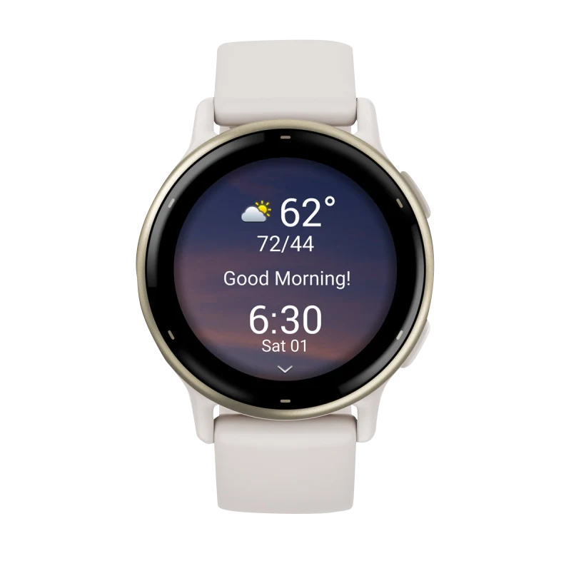 Garmin Vivoactive 5 smartwatch with ivory silicone band and cream-gold aluminum bezel