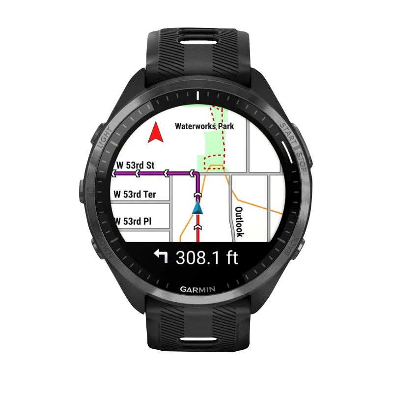 Garmin Forerunner 965 smartwatch with carbon gray DLC titanium bezel, black case and black/powder gray silicone band