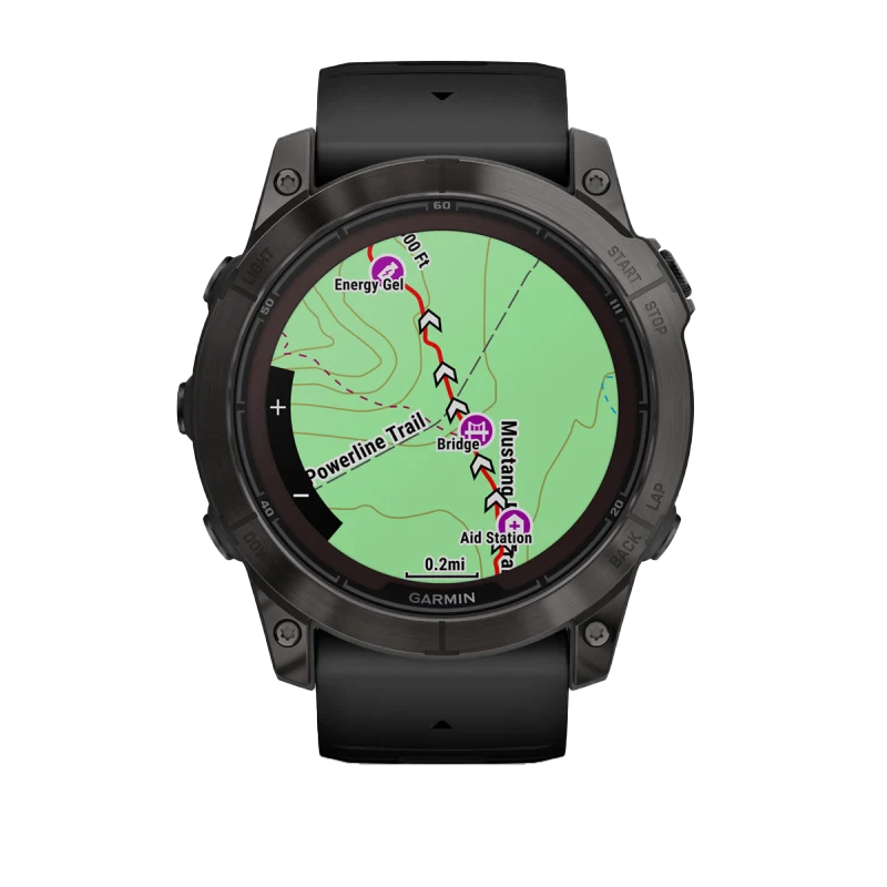 Garmin Fenix 7X Pro Sapphire Solar smartwatch with carbon gray titanium bezel and black band, map display