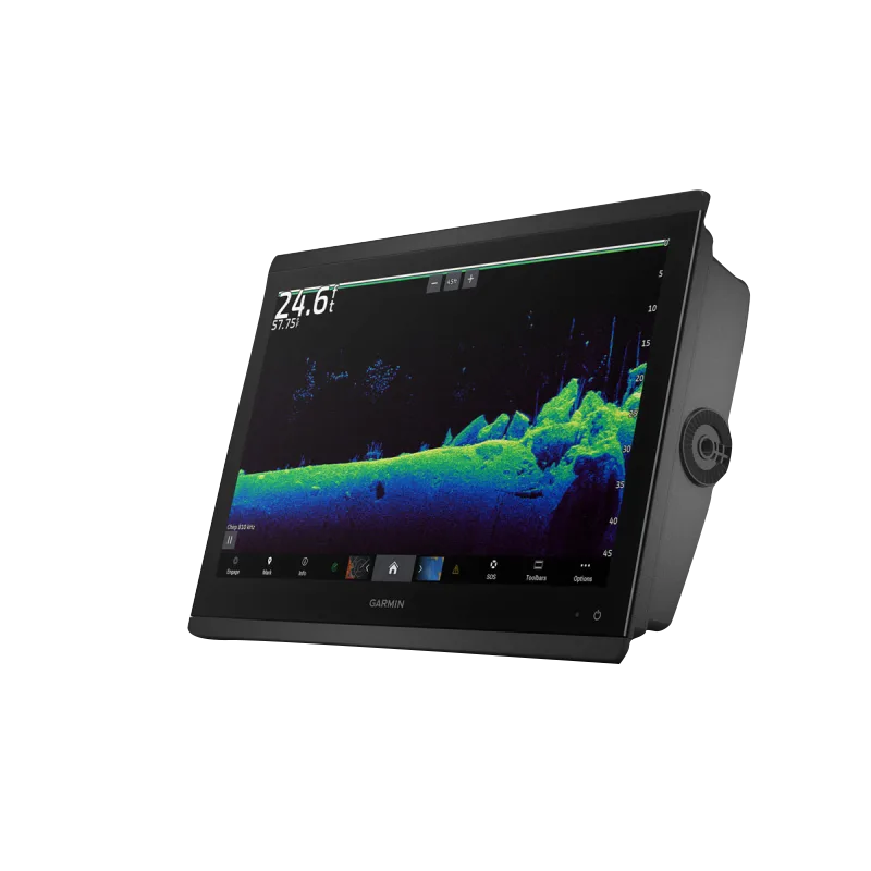 Garmin GPSMAP 8616xsv marine chartplotter with mapping and sonar, black display.