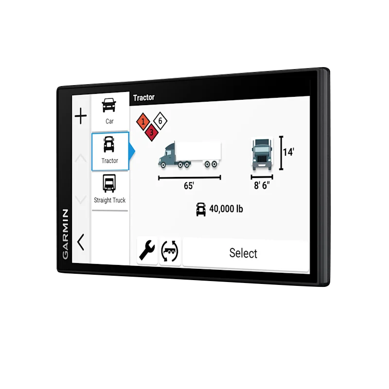 Garmin Dezl OTR620 6-inch GPS Truck Navigator, black device with truck UI on display