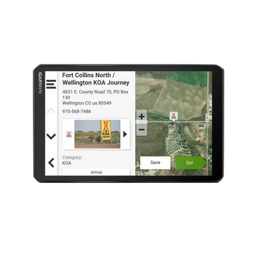 Garmin RV 895 8-inch RV navigation device displaying map view with KOA waypoint