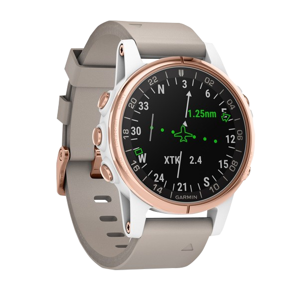 Garmin D2 Delta S Aviator GPS smartwatch with beige leather band and rose-gold bezel.