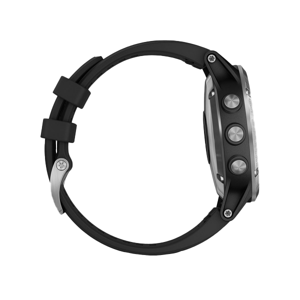 Garmin Fenix 5 Plus smart watch, silver case with black band, side view.