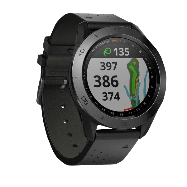 Garmin Approach S60 Golf GPS Smartwatch with black leather band; Garmin Certified Refurbished
