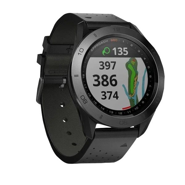 Garmin Approach S60 Golf GPS Smartwatch with black leather band; Garmin Certified Refurbished