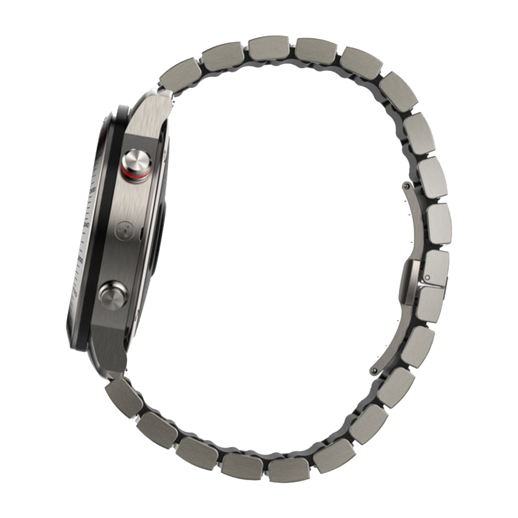 Garmin Fenix Chronos smartwatch with titanium hybrid band in silver.