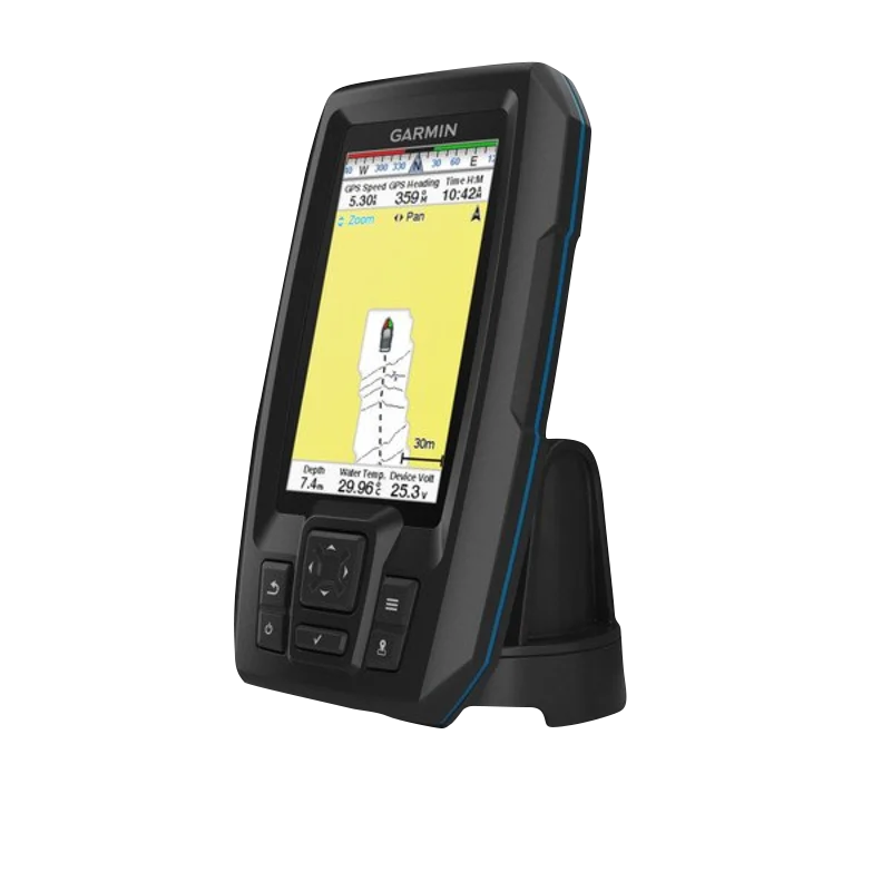 Garmin STRIKER Plus 4 fish finder with dual-beam transducer, black unit with blue trim.