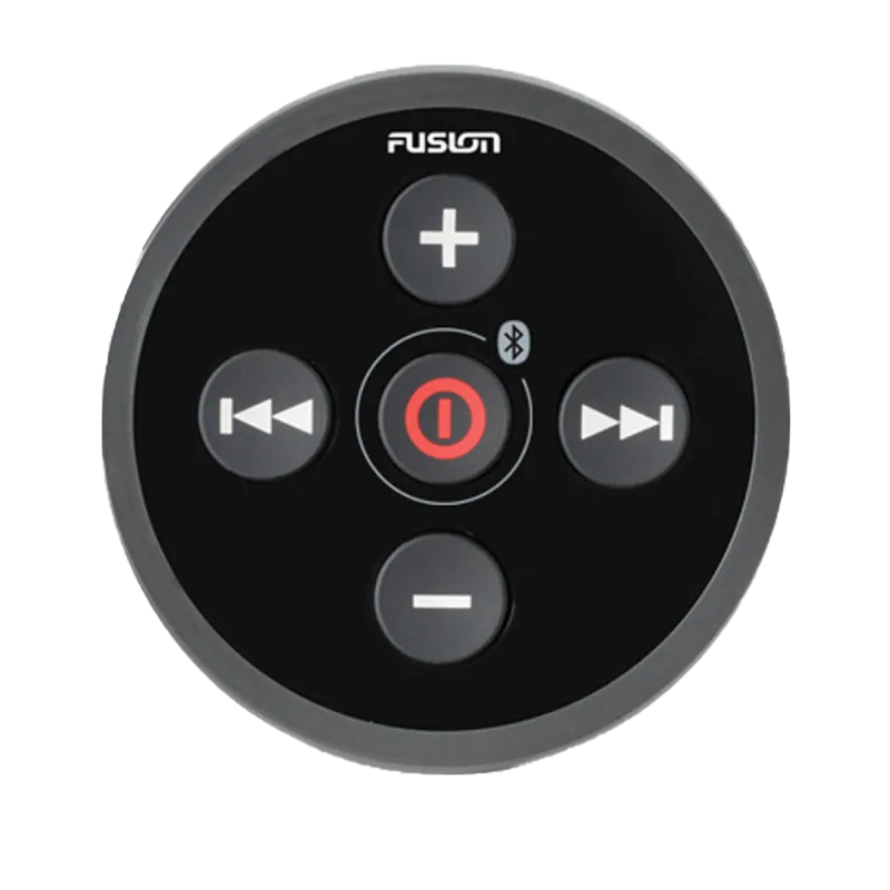 Garmin Fusion BB100 marine remote control; black circular keypad with plus, minus and playback buttons