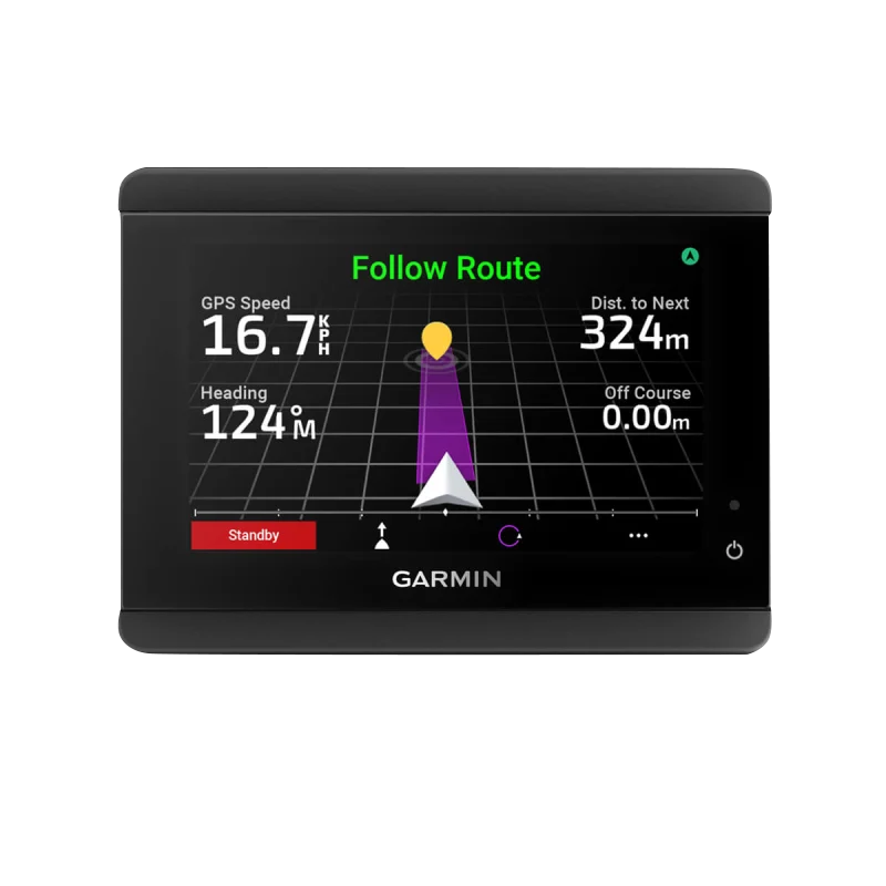Garmin GHC 50 Marine Autopilot Instrument display, black enclosure showing Follow Route navigation