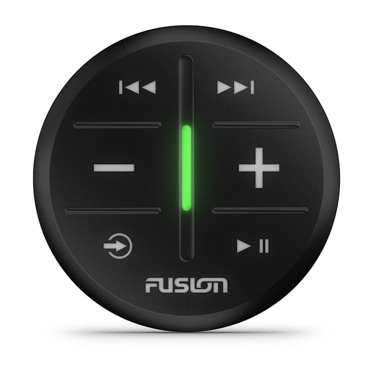 Fusion round black marine audio control dial with green LED indicator and playback controls