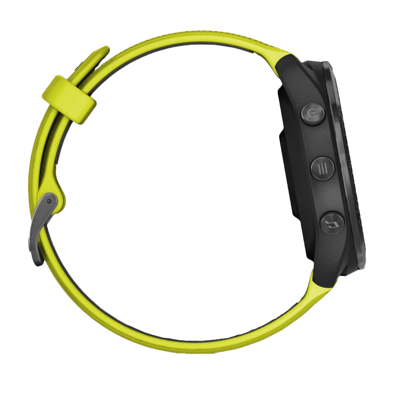Garmin Forerunner 965 smartwatch with carbon gray DLC titanium bezel, black case, and neon yellow/black silicone band