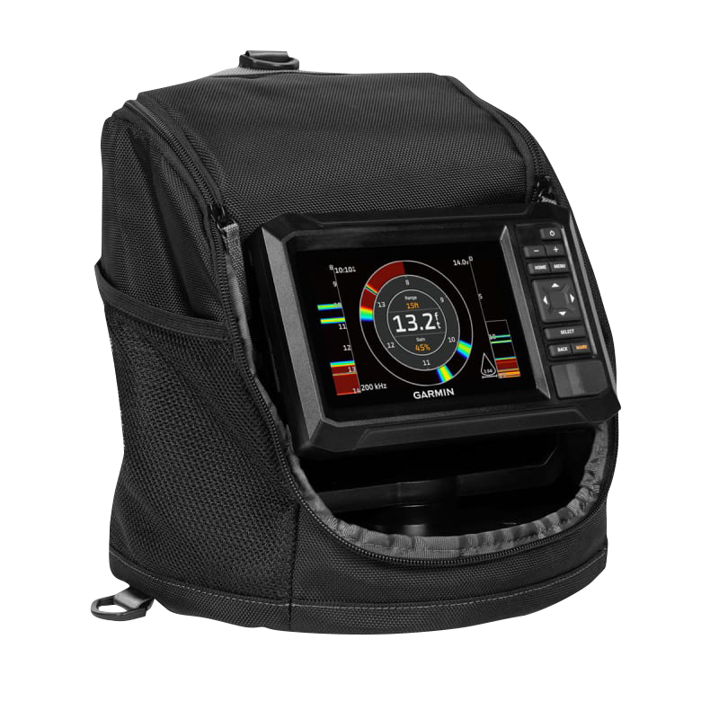 Garmin ECHOMAP 55cv UHD2 ice fishing bundle in a black protective carrying case