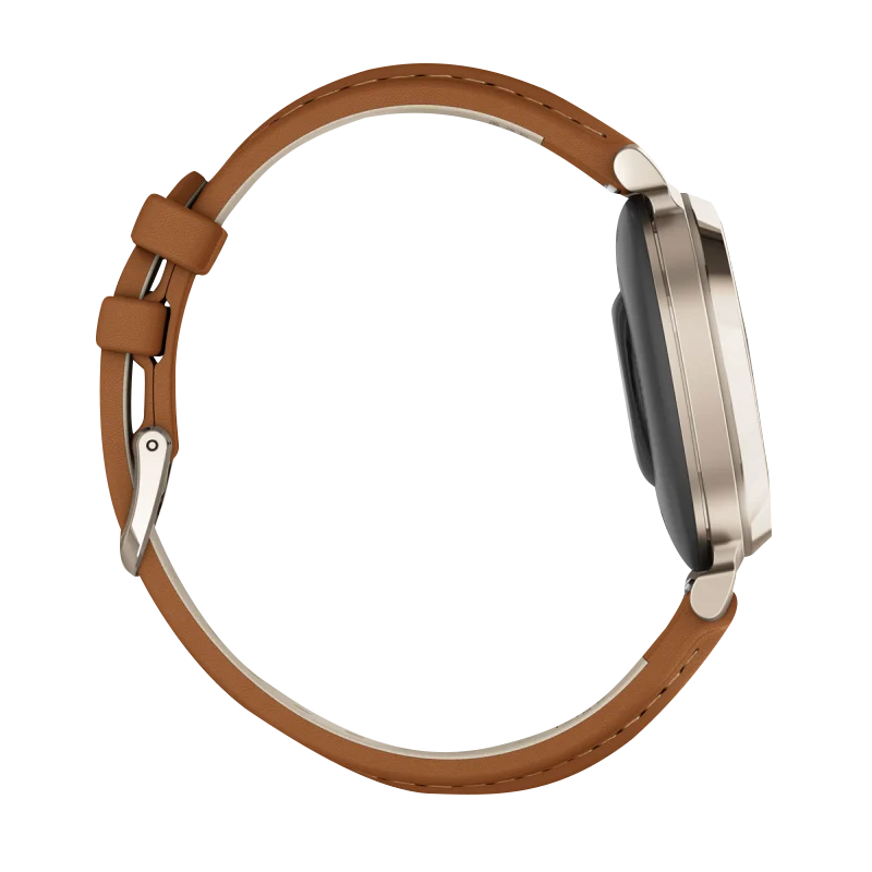 Garmin Lily 2 Classic smartwatch, cream gold case with tan leather band, certified refurbished