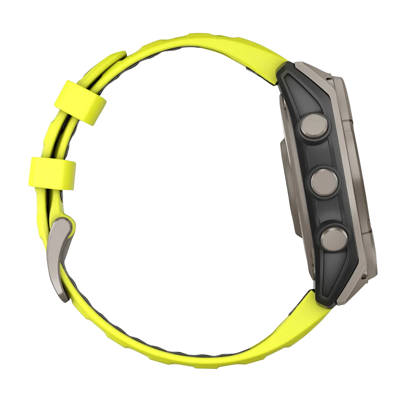 Garmin Fenix 8 smartwatch, 51mm Solar Sapphire titanium case with neon yellow/graphite silicone band