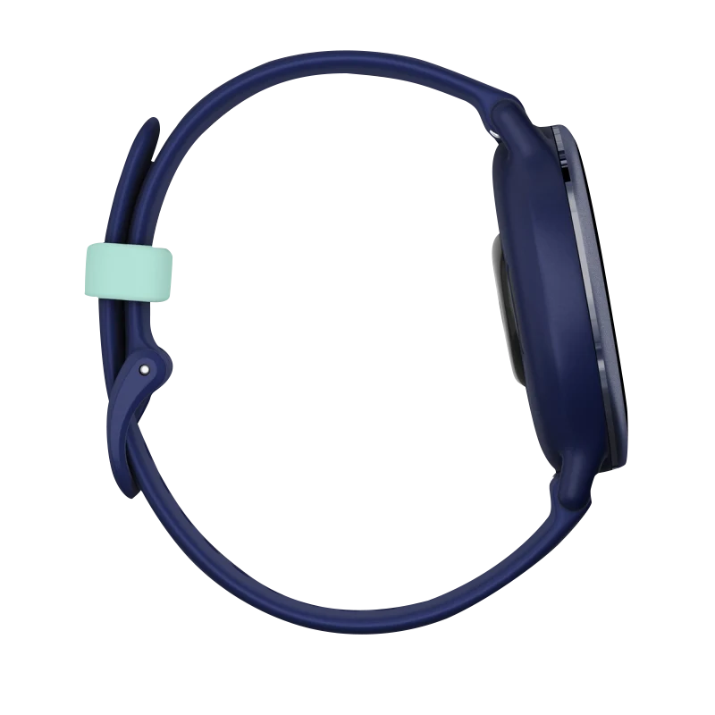Garmin Vivoactive 5 smartwatch with metallic navy aluminum bezel and navy silicone band