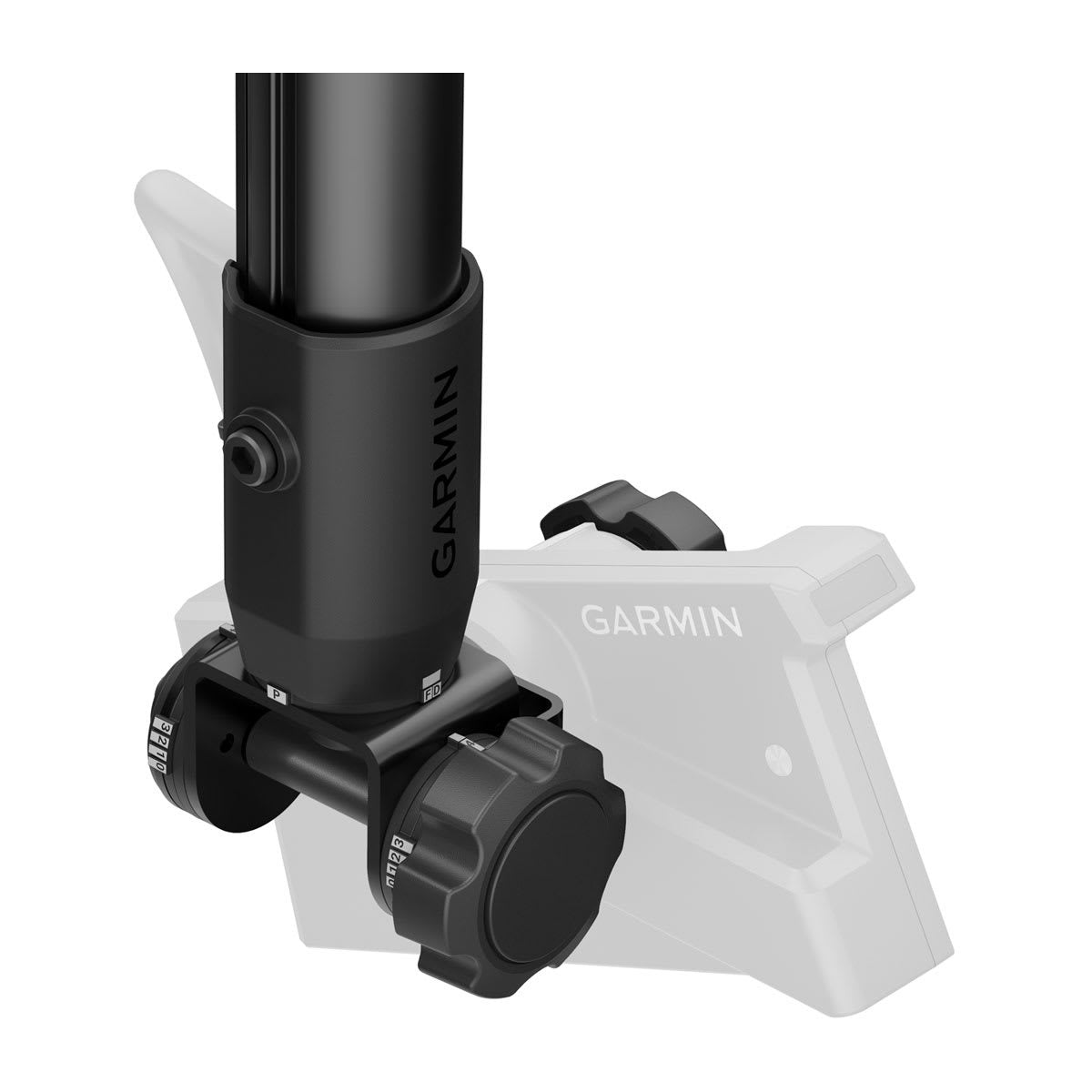 Garmin Spy Pole Mount 42-inch motorized pole mount for fish finders; black and gray marine mount with adjustment knob.