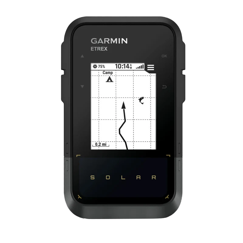 Garmin eTrex solar-powered handheld GPS navigator in black with map display.