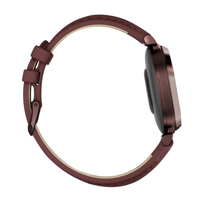 Garmin Lily 2 Classic smartwatch with dark bronze case and mulberry leather band, certified refurbished