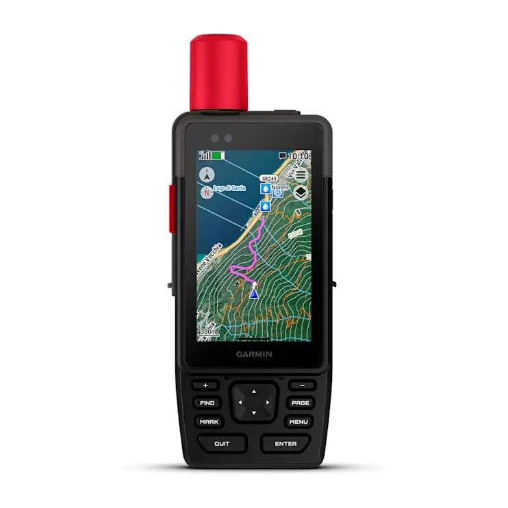 Garmin GPSMAP H1i Plus handheld GPS with inReach Plus satellite tech, black device with red antenna cap and map screen.
