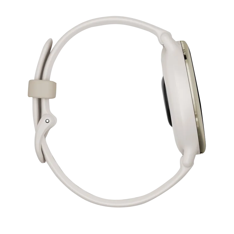Garmin Vivoactive 5 smartwatch with cream-gold aluminum bezel and ivory silicone band
