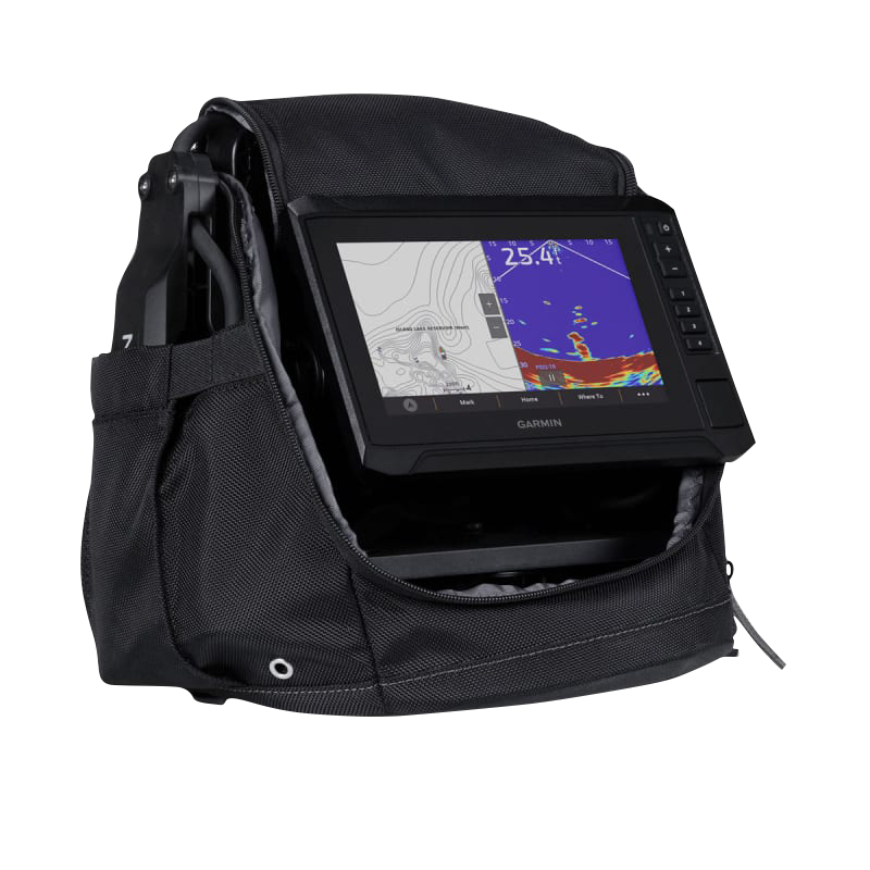Garmin EchoMap UHD2 75sv ice fishing bundle with Panoptix PS22-IF transducer in a black carrying bag