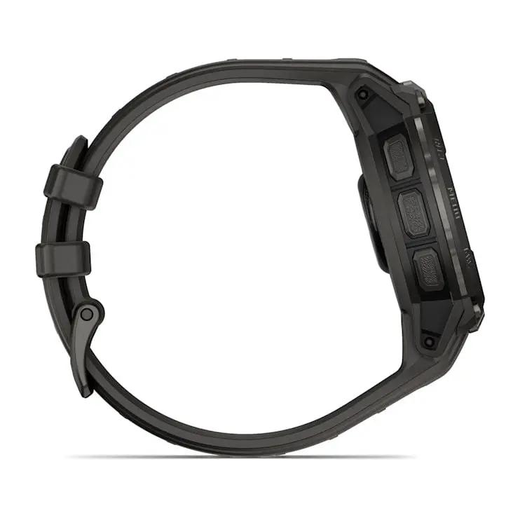 Garmin Instinct Crossover AMOLED smartwatch, black rugged strap and side-profile view.