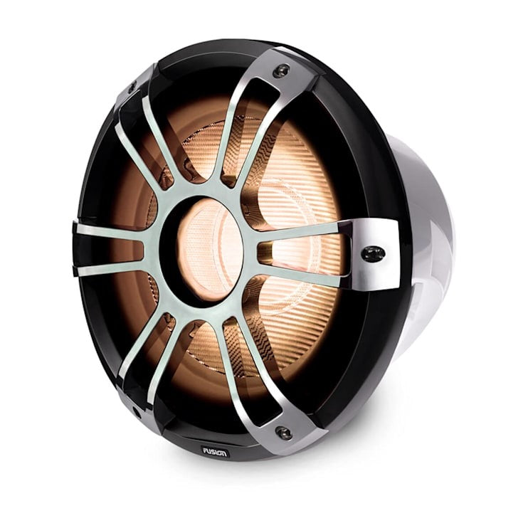 Garmin Fusion Signature Series marine coaxial subwoofer with copper woofer and black housing.