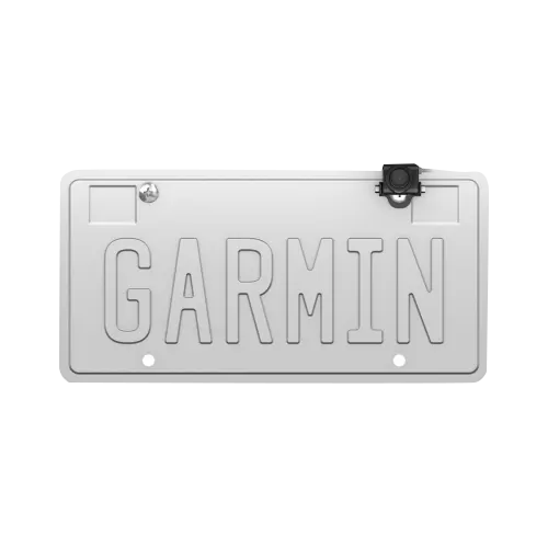 Garmin BC 50 wireless backup camera on a silver license-plate mount with Garmin logo.