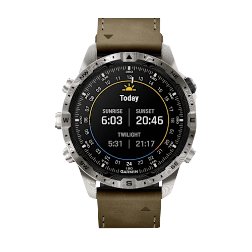 Garmin MARQ Adventurer Gen 2 Damascus Steel Edition modern tool watch with brown leather strap