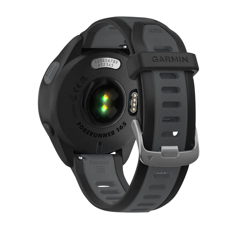 Garmin Forerunner 165 Music smart watch with Black/Slate Gray strap, rear view
