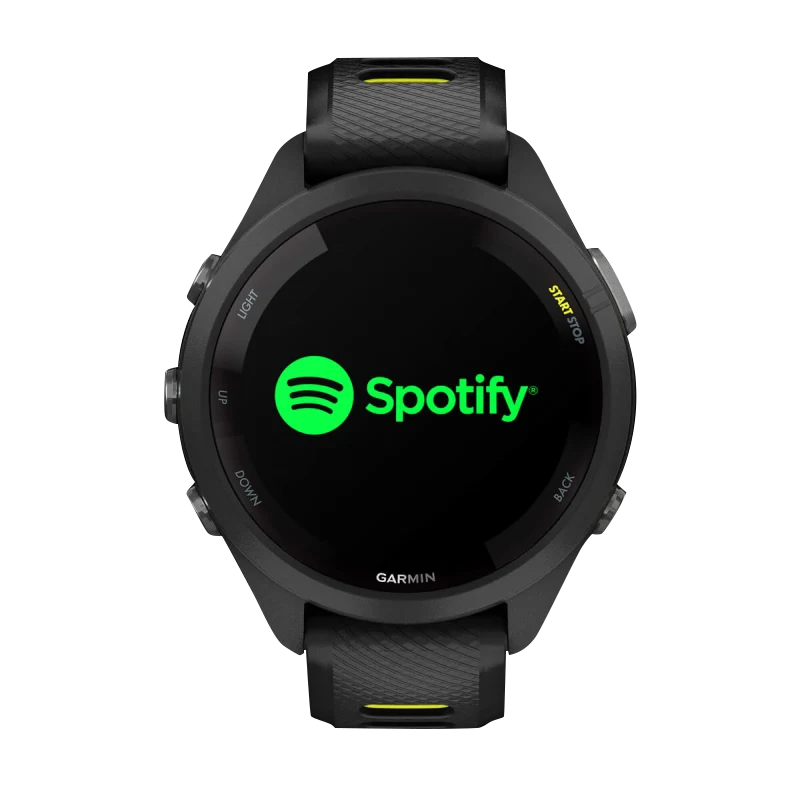 Garmin Forerunner 265S smartwatch, 42mm black bezel with black/yellow band, Garmin Certified Refurbished.