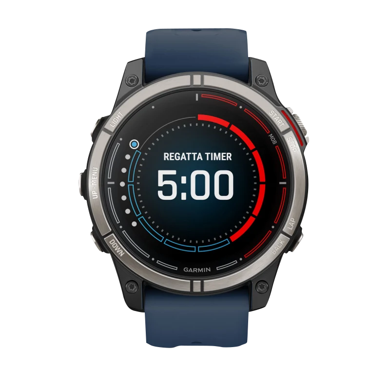 Garmin Quatix 7 Pro marine GPS smartwatch with AMOLED display, blue strap, regatta timer on screen