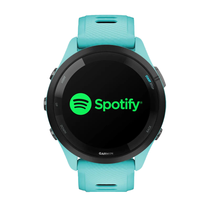 Garmin Forerunner 265 smart watch, 46mm black bezel with aqua silicone band; Spotify app displayed