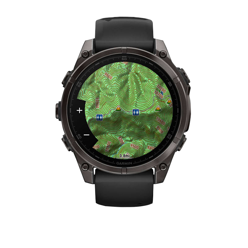 Garmin Fenix 8 smartwatch with carbon gray DLC titanium case and black/pebble gray silicone band, AMOLED topo map
