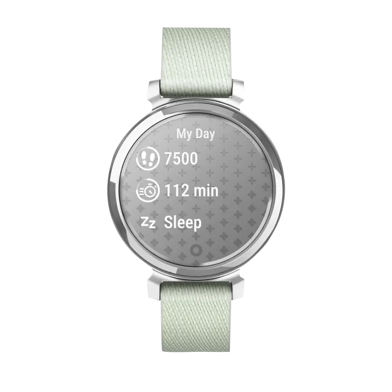 Garmin Lily 2 Classic smartwatch, silver case with sage gray nylon band, refurbished.