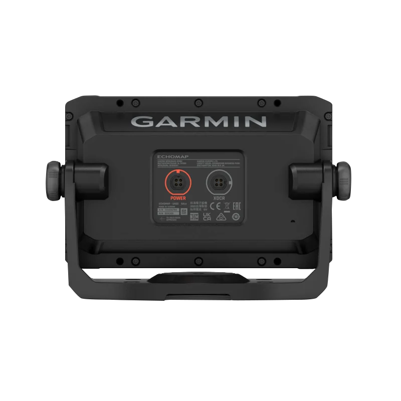 Garmin ECHOMAP UHD2 5-inch cv chartplotter back view with two round ports; Navionics+ Coastal & Great Lakes mapping.