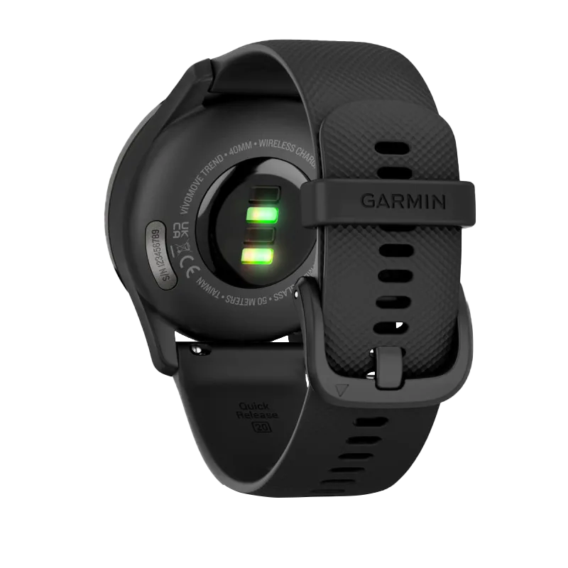 Garmin Vívomove Trend slate smartwatch with stainless steel bezel and black silicone band