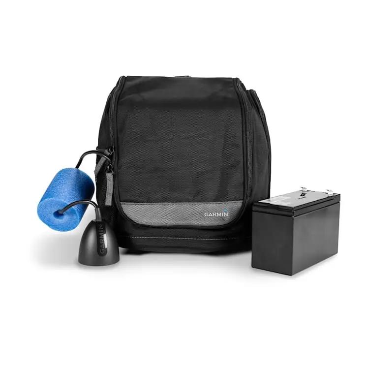 Garmin ECHOMAP UHD2 7-inch Ice Fishing Bundle components: black carrying bag, blue foam float, and black battery pack