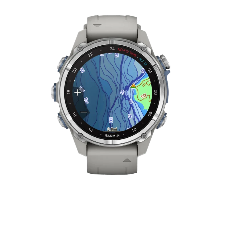 Garmin Descent Mk3 dive computer watch, 43 mm stainless steel case with fog gray silicone band.