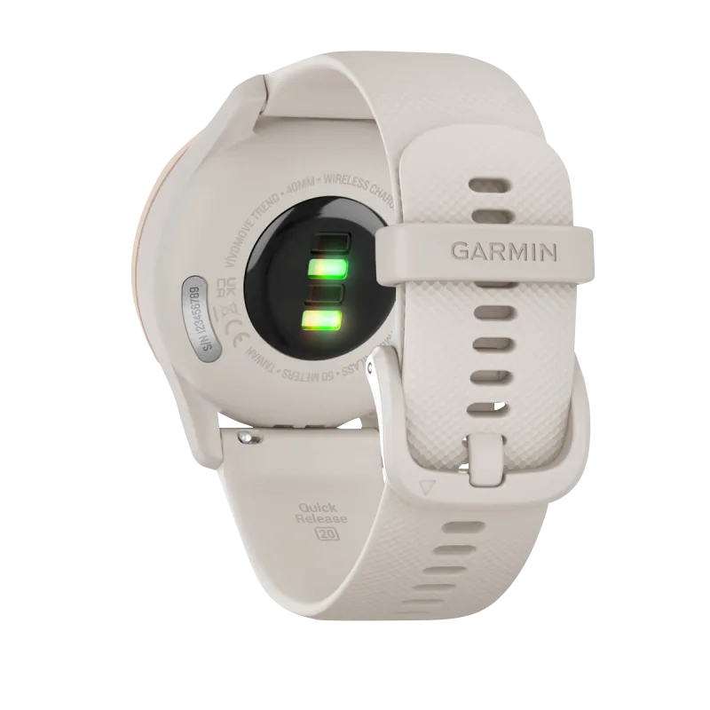 Garmin Vívomove Trend smartwatch, peach-gold bezel with ivory case and white silicone band, certified refurbished