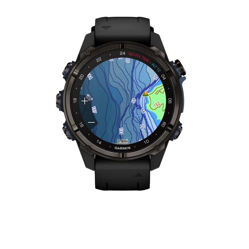Garmin Descent Mk3i dive computer watch, 43 mm Carbon Gray DLC titanium case with black silicone band, map display