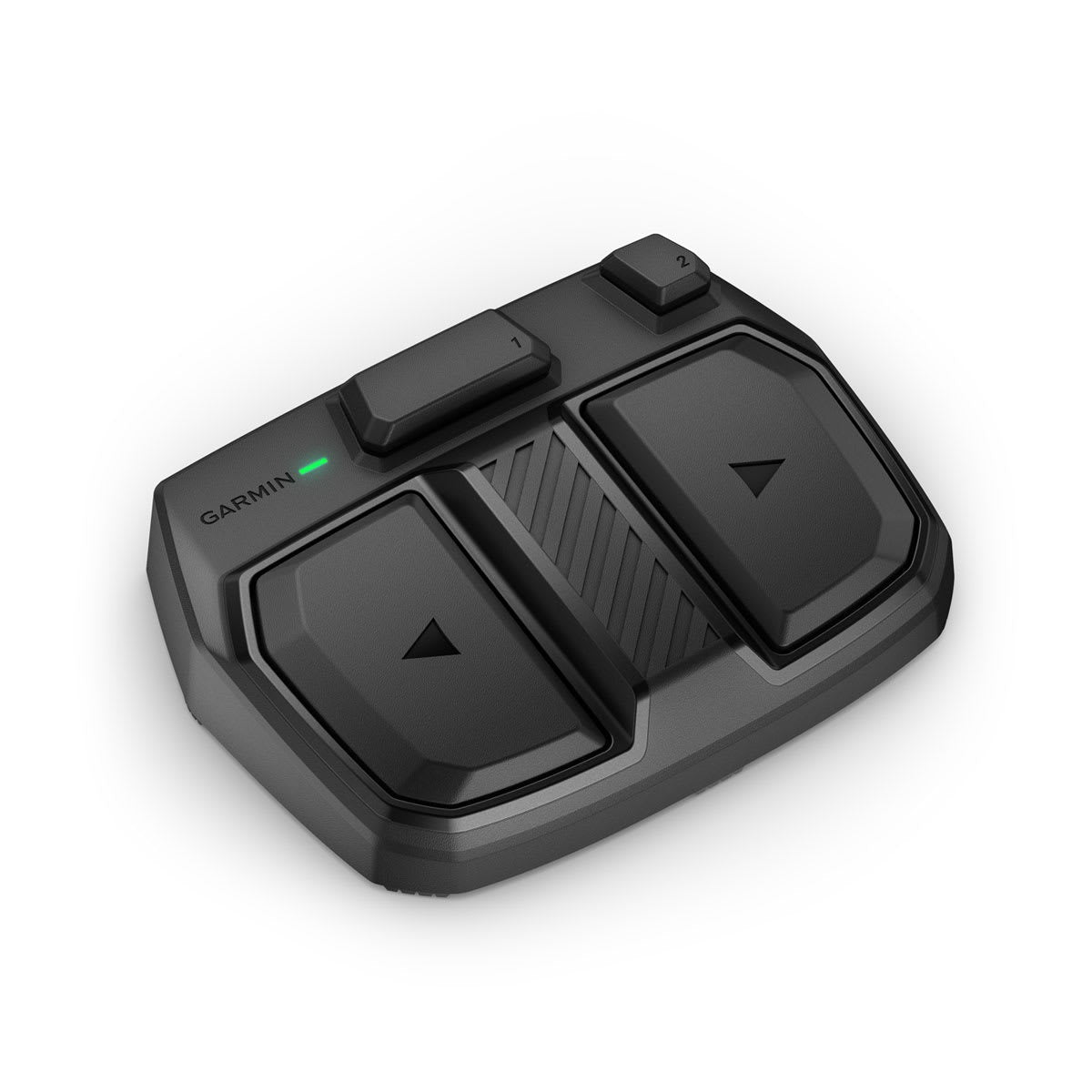 Garmin remote control with dual pedals and top buttons; green LED indicator for marine fish finder setup