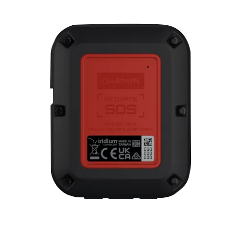Garmin InReach Messenger Plus satellite communicator back view with red SOS activation panel