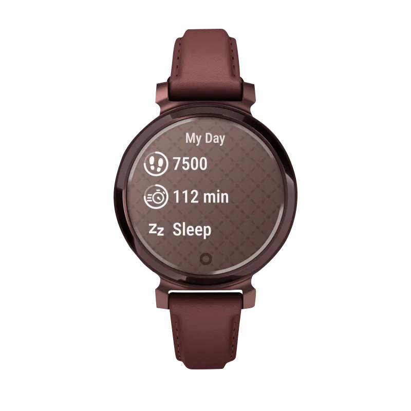 Garmin Lily 2 Classic smartwatch in dark bronze with mulberry leather band, Garmin Certified Refurbished