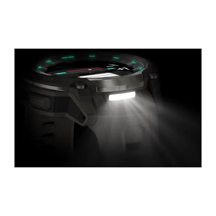 Garmin Instinct Crossover AMOLED smartwatch in rugged black with green LED indicators and side flashlight