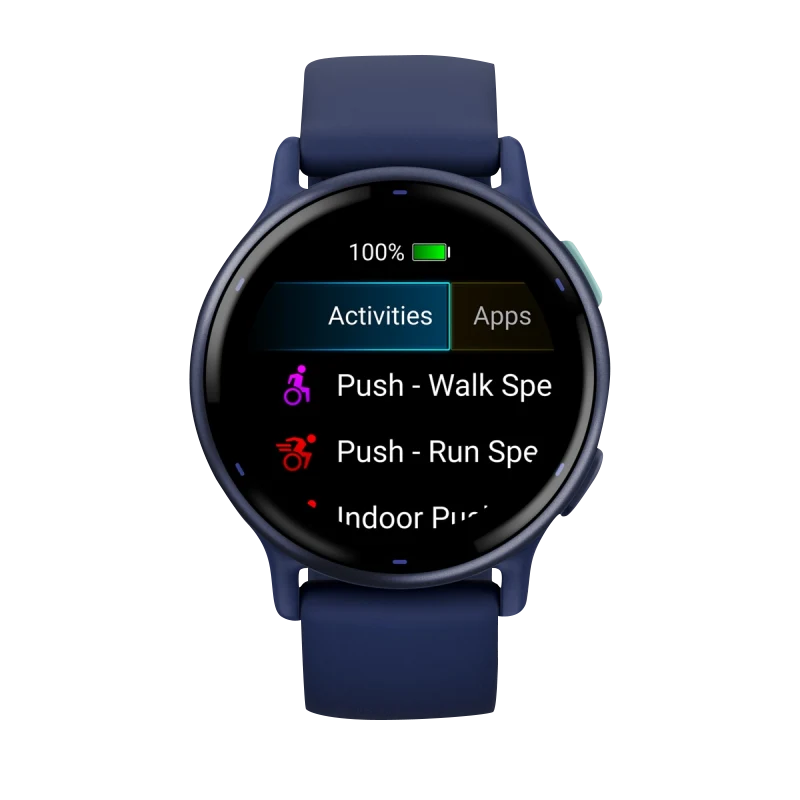 Garmin Vivoactive 5 smartwatch with metallic navy aluminum bezel and navy silicone band