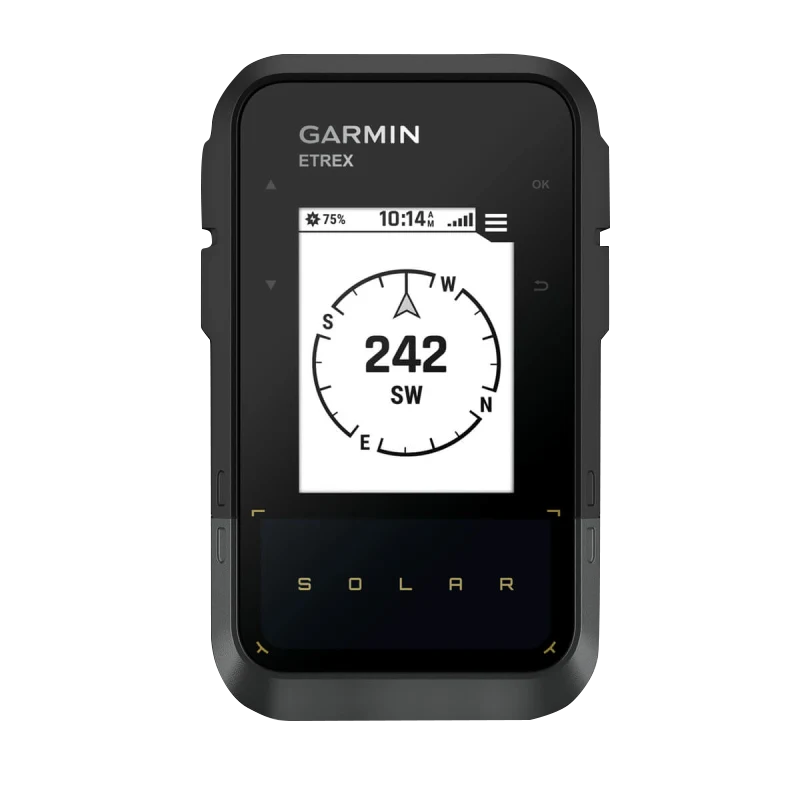 Garmin eTrex Solar Powered GPS handheld navigator, black rugged device with solar panel at base